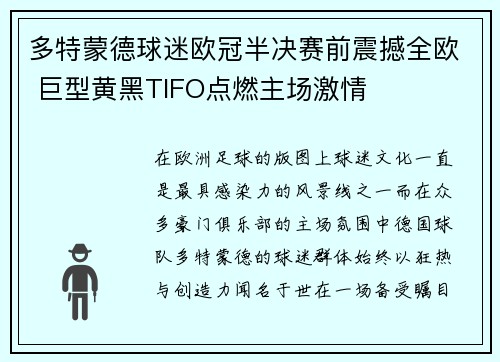 多特蒙德球迷欧冠半决赛前震撼全欧 巨型黄黑TIFO点燃主场激情
