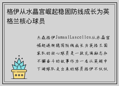 格伊从水晶宫崛起稳固防线成长为英格兰核心球员