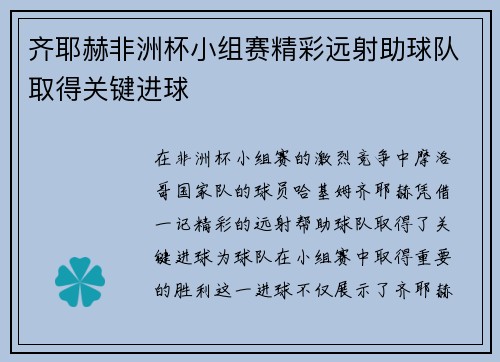 齐耶赫非洲杯小组赛精彩远射助球队取得关键进球